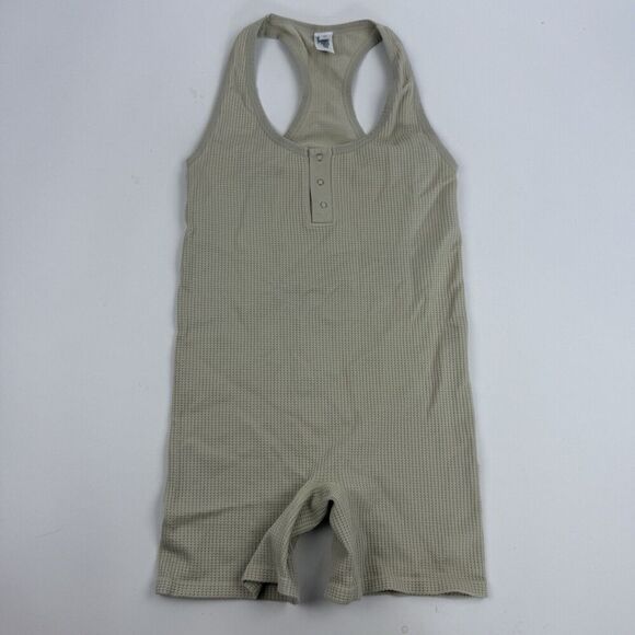 Colsie Racerback One Piece Romper Henley Waffle Knit Stretch Beige/Taupe Sz L - Picture 2 of 13